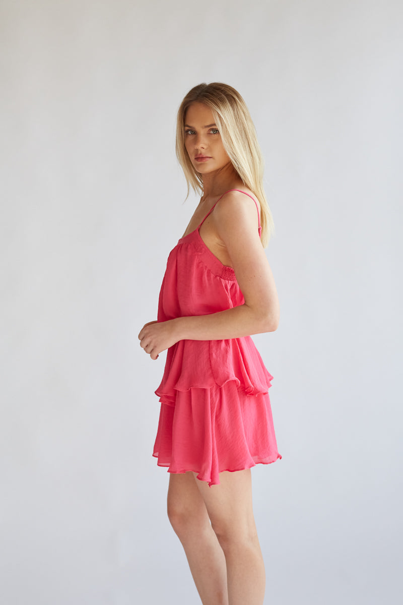 neon pink ruffle flowy romper | unique rompers for spring 2024