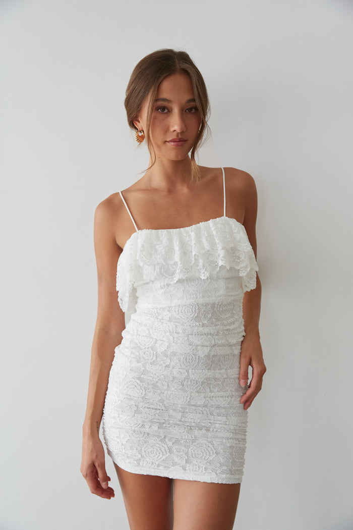 White Frill Hem Lace Bodycon Dress