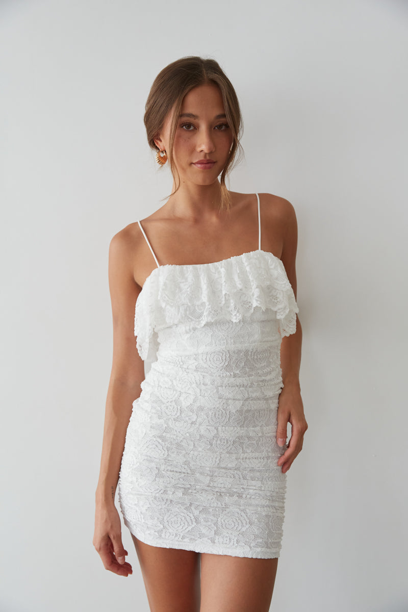 Devyn Lace Ruffle Bodycon Mini Dress, White / M