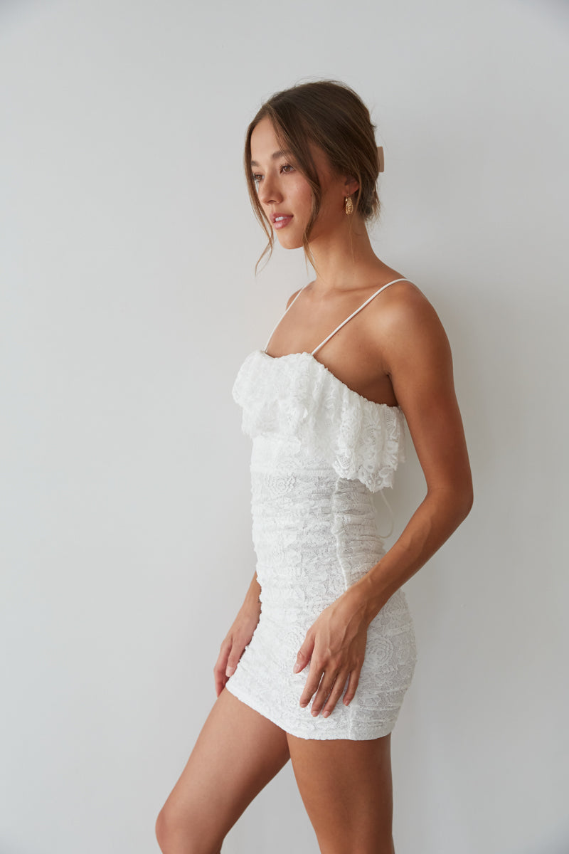 white lace mini dress - lace bodycon ruffle dress - what to wear during sorority recruitment
