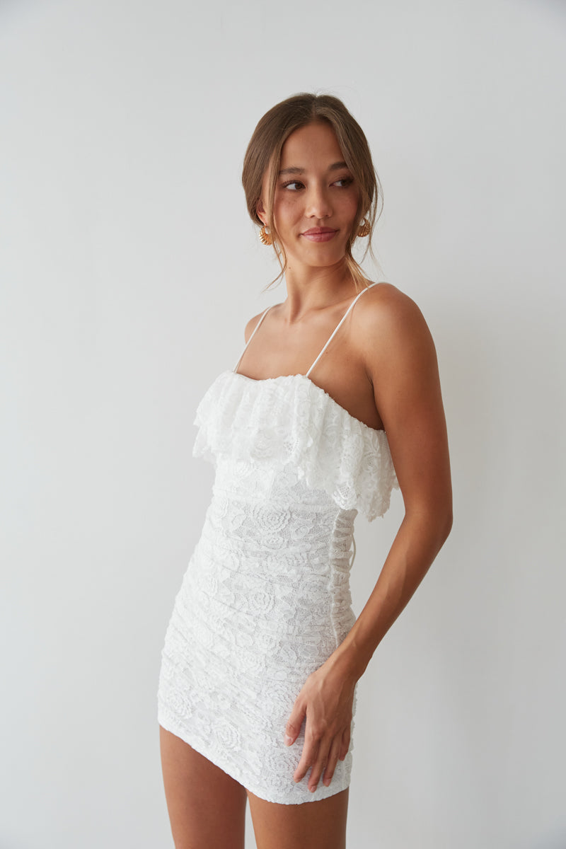 Devyn Lace Ruffle Bodycon Mini Dress, White / M