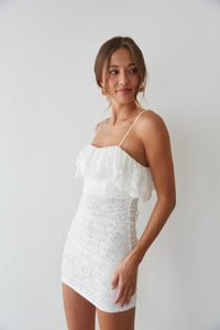 white lace mini dress - criss cross back mini dress - ruffle bust lace mini dress