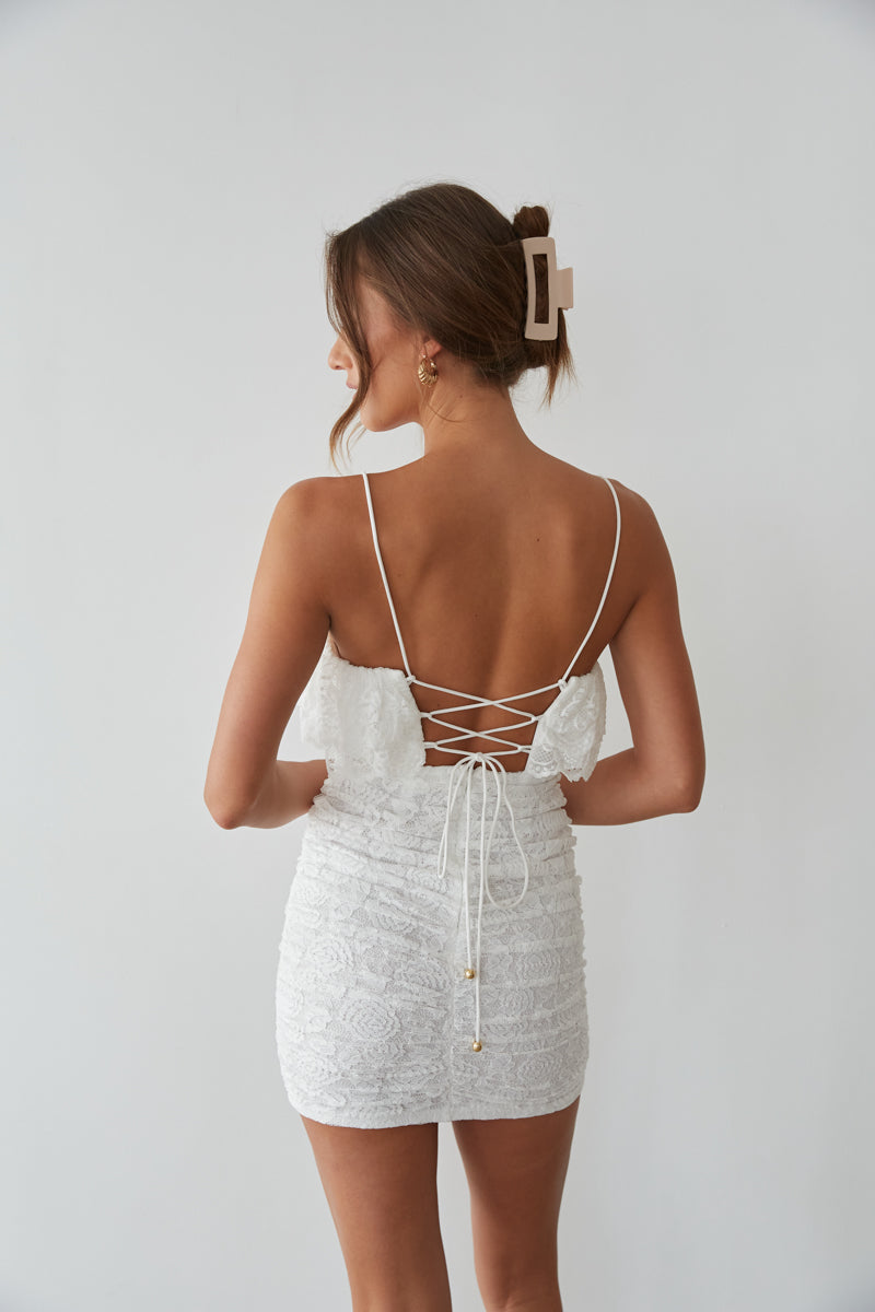 Devyn Lace Ruffle Bodycon Mini Dress, White / M