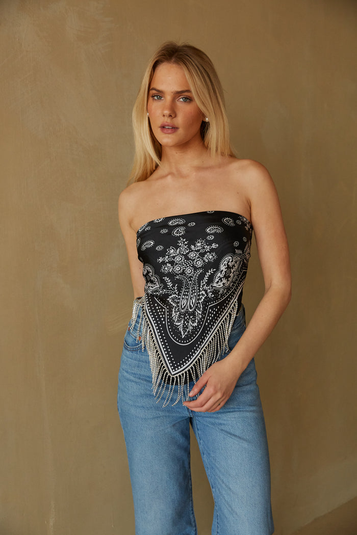 black paisley prink silk scarf top with rhinestone fringe - bar outfit boutique 