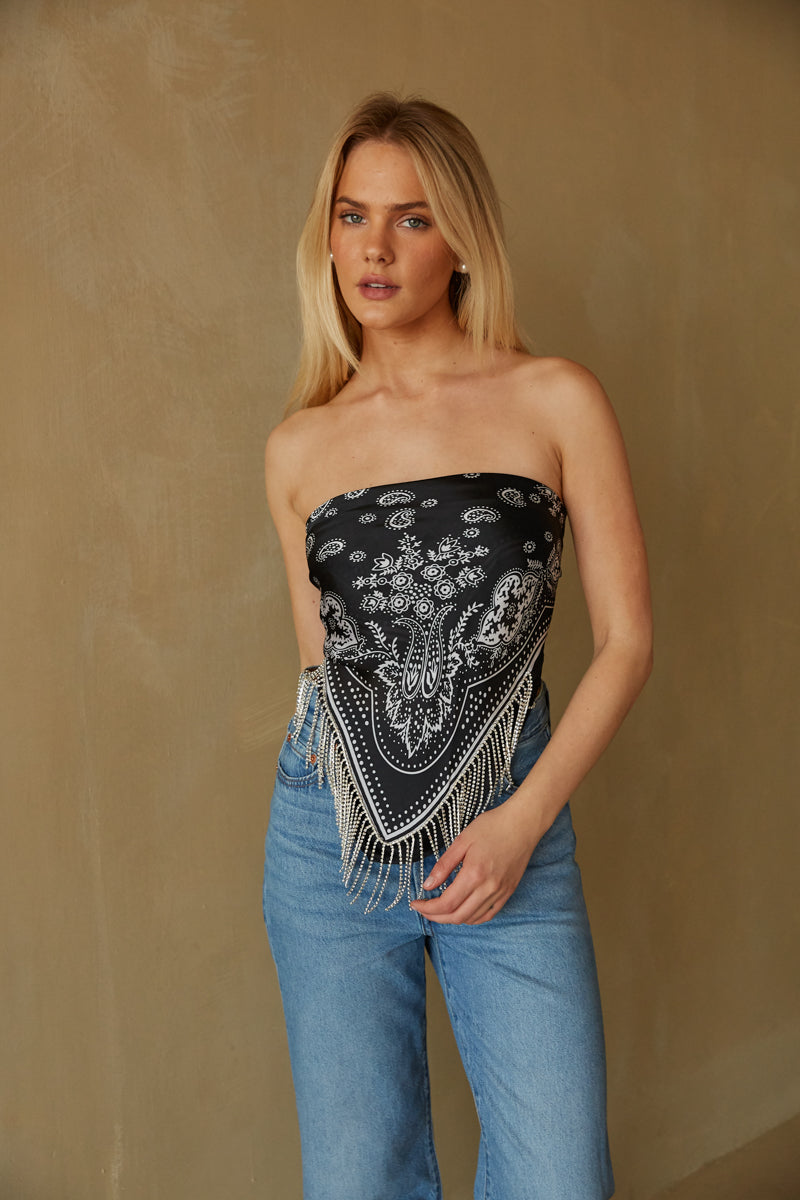 black paisley prink silk scarf top with rhinestone fringe - bar outfit boutique 