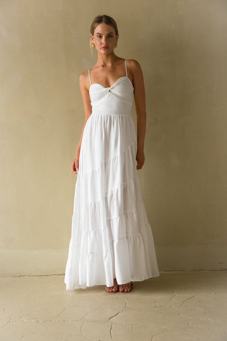 Donna Twist Front Tiered Maxi Dress | American Threads Boutique White / S Donna Twist Front Tiered Maxi Dress | American Threads Boutique White / S
