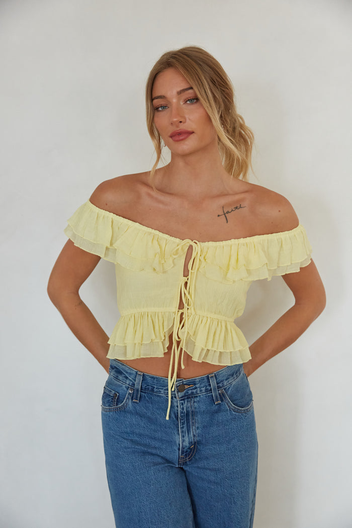 front-view | yellow off the shoulder ruffle crop top | summer aesthetic top 