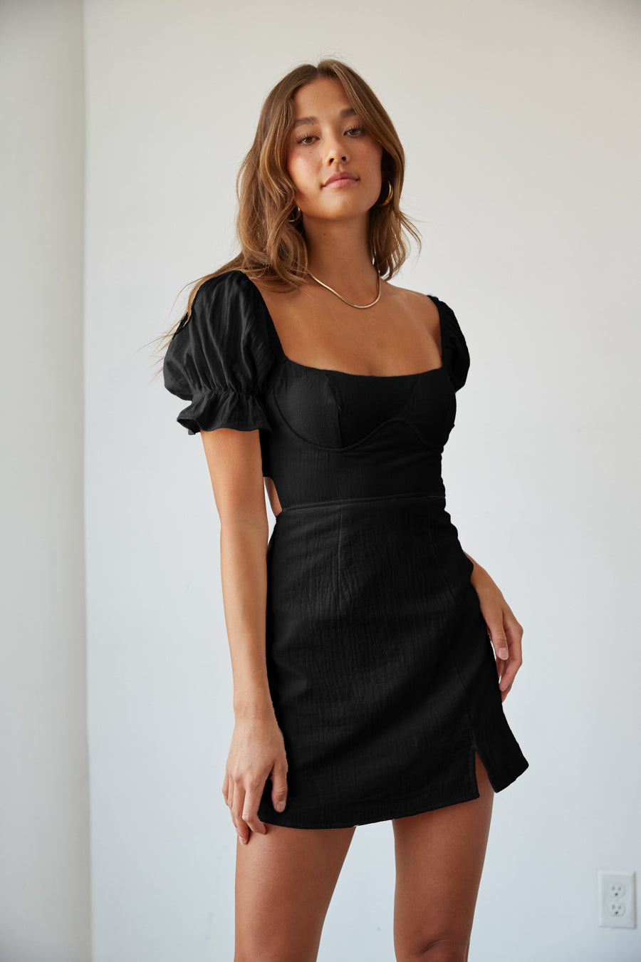 Drew Puff Sleeve Corset Linen Mini Dress, Black / M