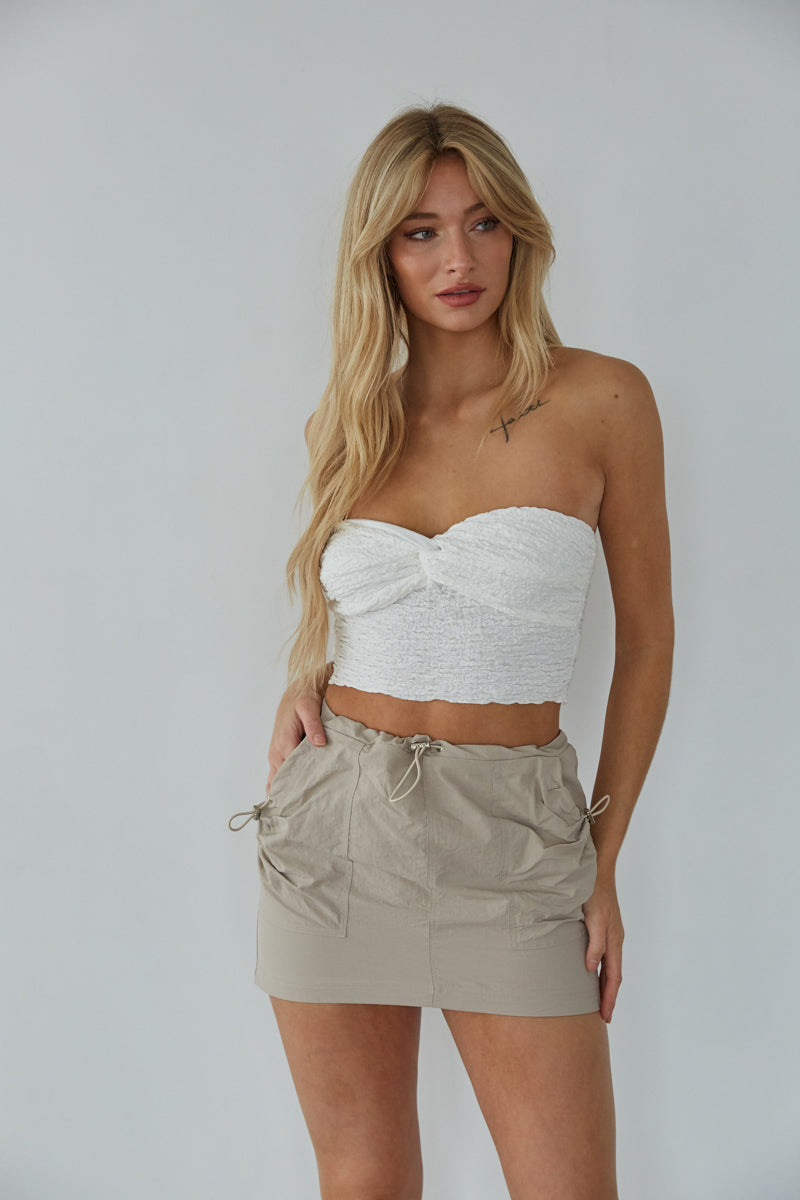tan parachute skirt - neutral cargo mini skirt - mini skirt with drawstring waist and pockets