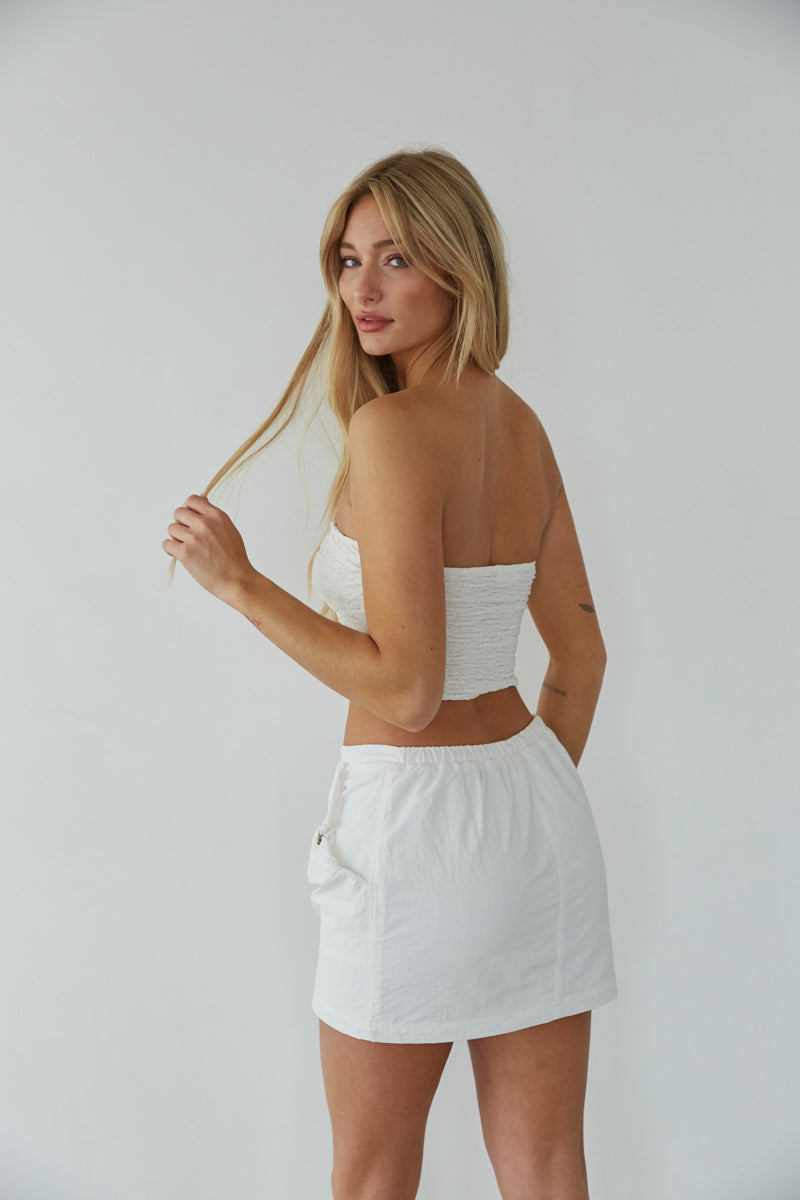 white cargo style mini skirt - trendy parachute skirt - drawstring mini skirt