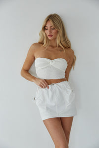 white mini skirt with drawstring pockets and waistband - white parachute skirt - trendy cargo style mini skirt