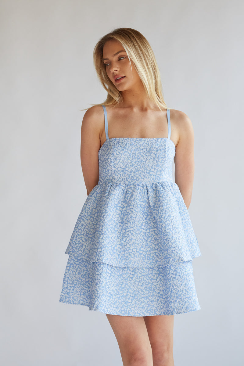 Eileen Floral Jacquard Tiered Babydoll Mini Dress Shop American Threads Women's Trendy Online Boutique Light Blue Floral / S Eileen Floral Jacquard Tiered Babydoll Mini Dress Shop American Threads Women's Trendy Online Boutique Light Blue Floral / S