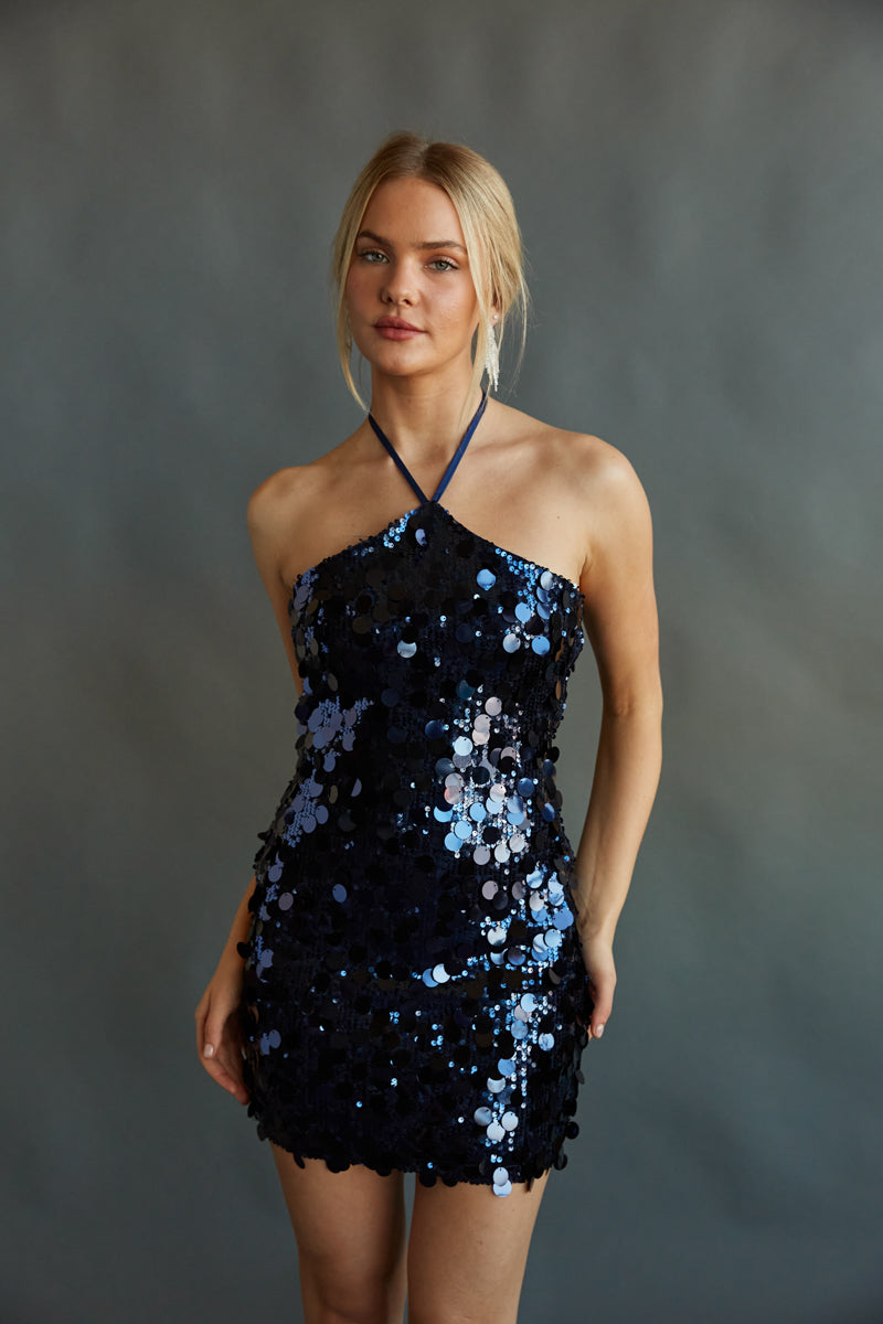 dark blue open back mini dress with disc sequins - going out dress - holiday dresses 2023 - junior high dance dress
