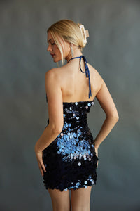 dark blue sequin mini dress - sorority semi formal dresses - high neck halter dress for hoco