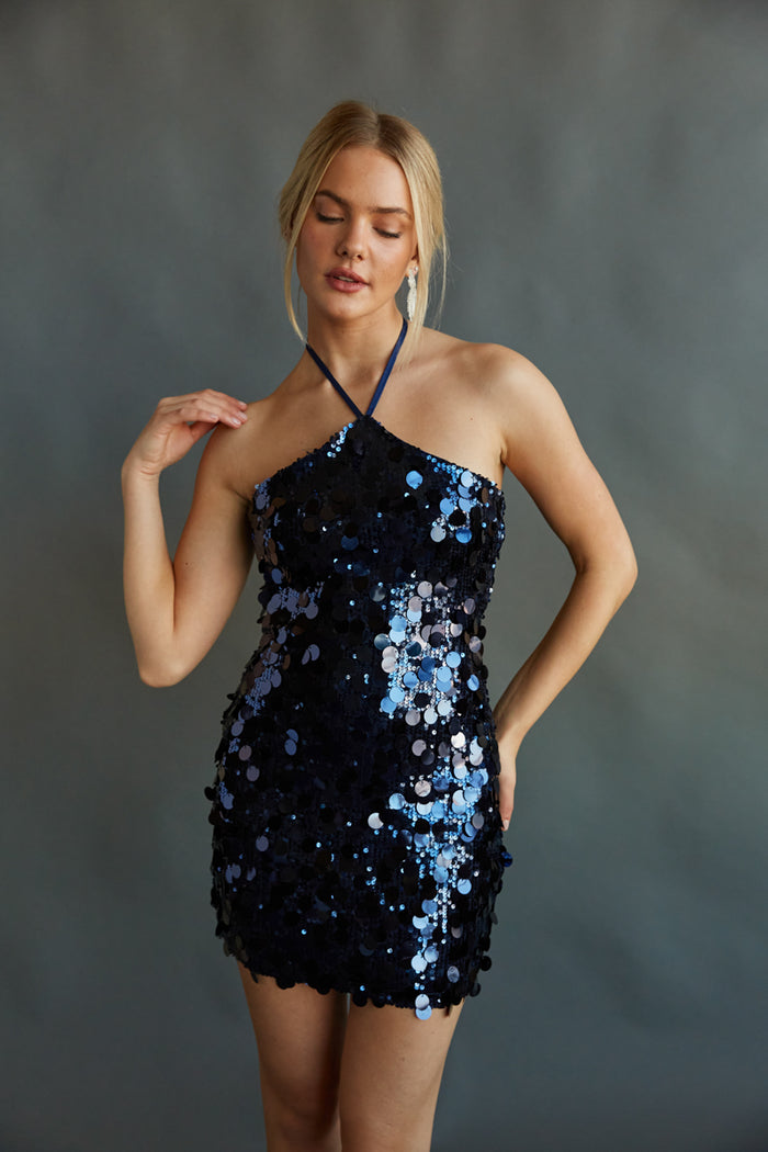 blue modest halter neck sequin mini dress - new year's eve dress - unique boutique homecoming dress