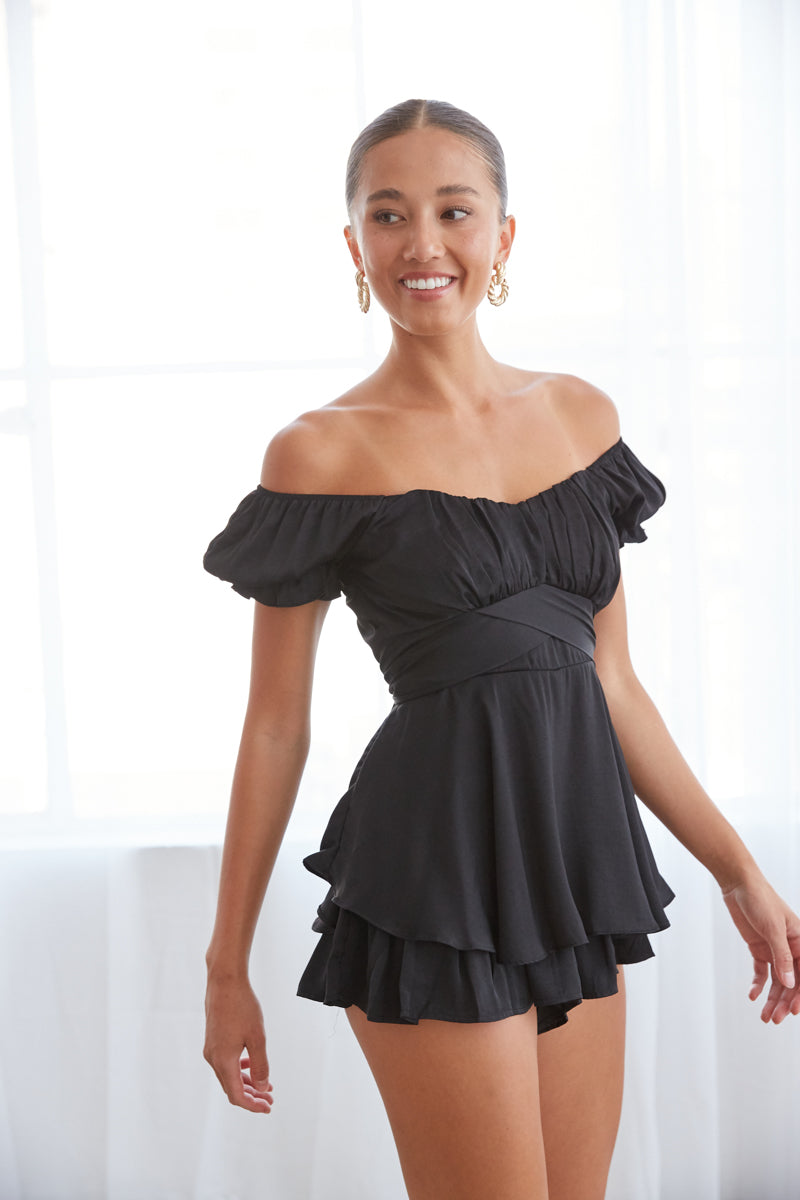 black ruffle romper with puff sleeves and tie waist - black dresses for rush | black-image
