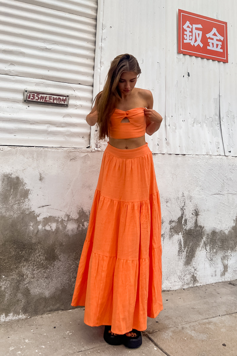 orange summer set - two piece matching maxi skirt set - cute vacation outfit inspo