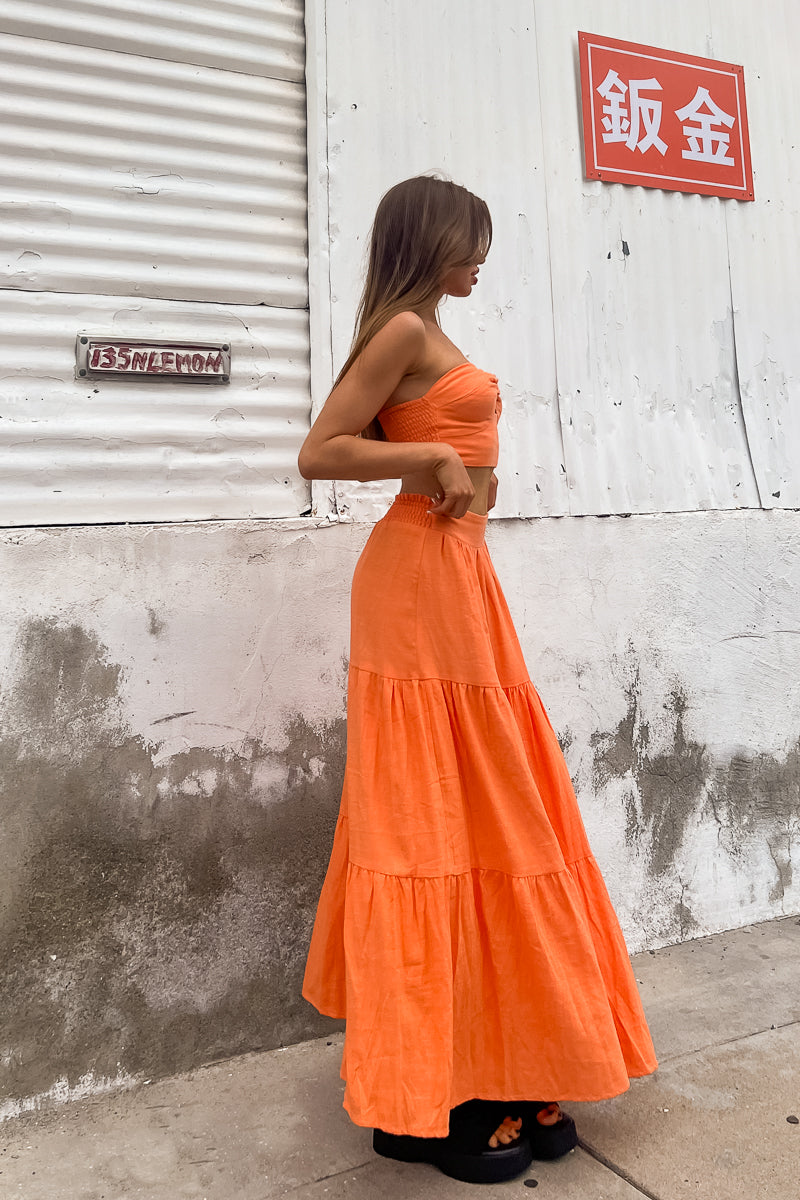 strapless twist front crop top and matching maxi skirt - orange two piece set for summer - vacation outfit inspo
