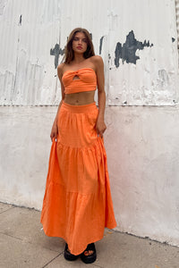 orange twist front crop top and matching maxi skirt - two-piece summer set - what to wear on summer vacation