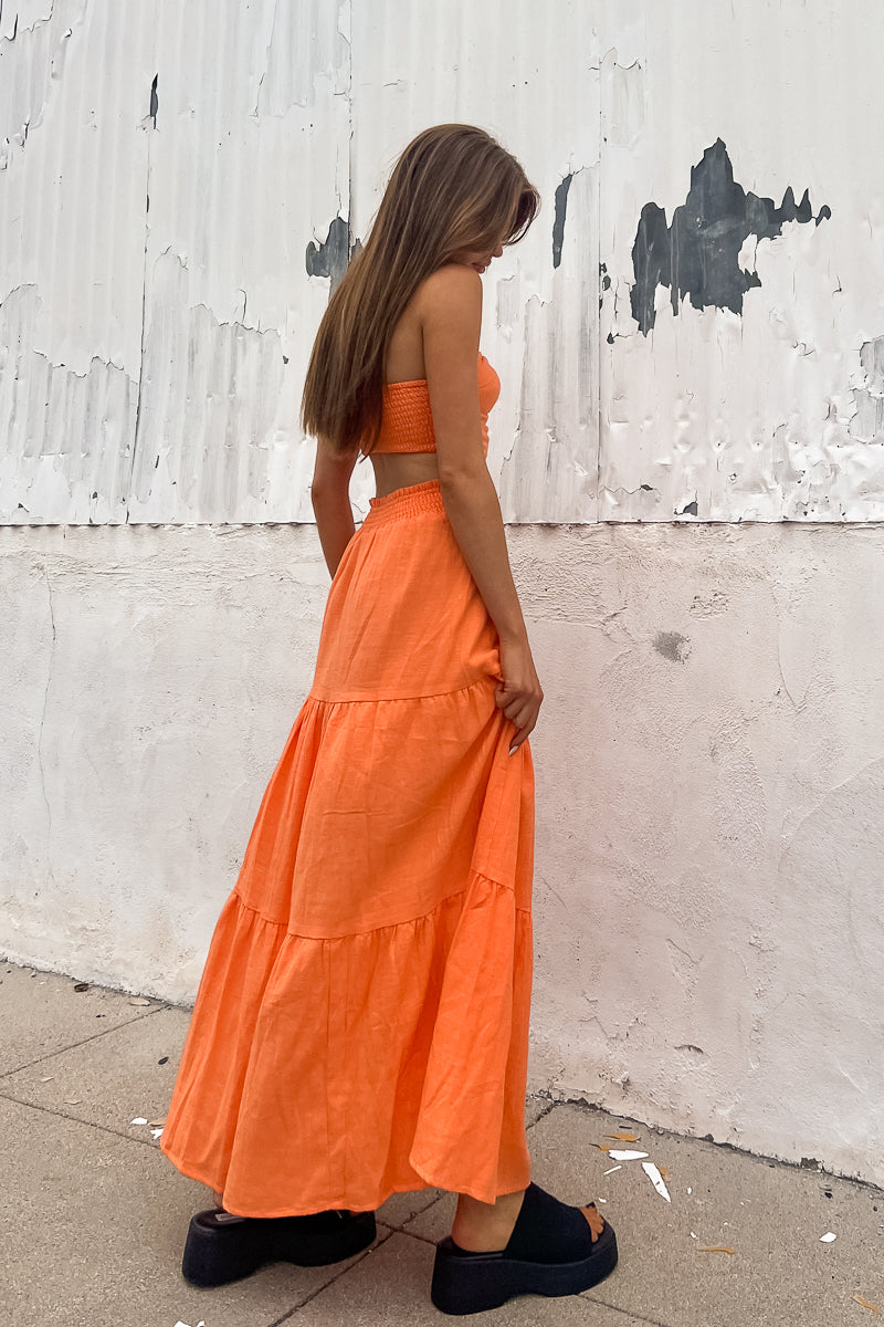 orange top and matching maxi skirt - two piece matching skirt set - beach outfit inspo