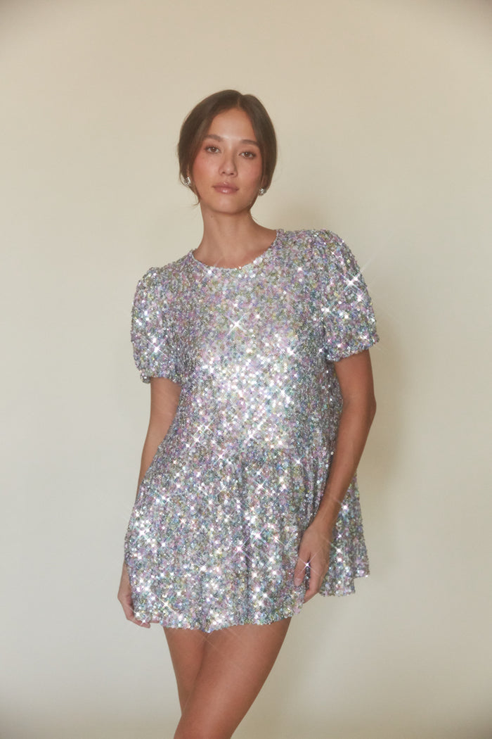 purple blue and silver sequin puff sleeve babydoll mini dress | holiday dress boutique 2023