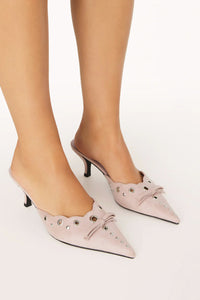 dusty rose luxe pointed toe heel - suede vintage inspired mule - scalloped eyelet bow detail kitten heel
