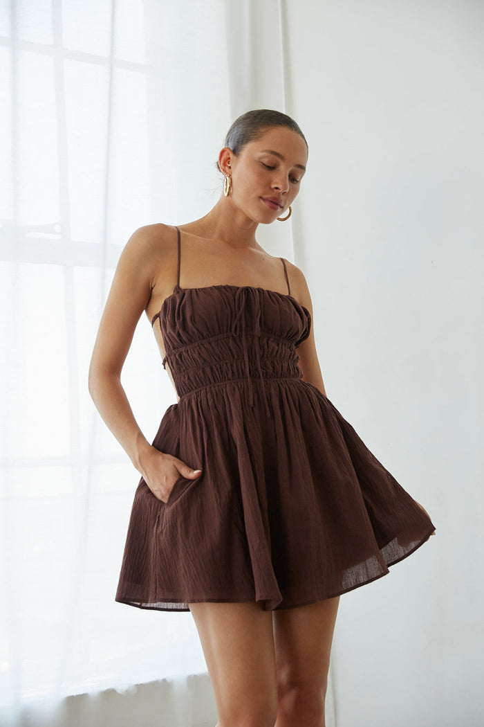 Eliza Open Back Mini Dress Shop American Threads Online Boutique Brown / S Eliza Open Back Mini Dress Shop American Threads Online Boutique Brown / S