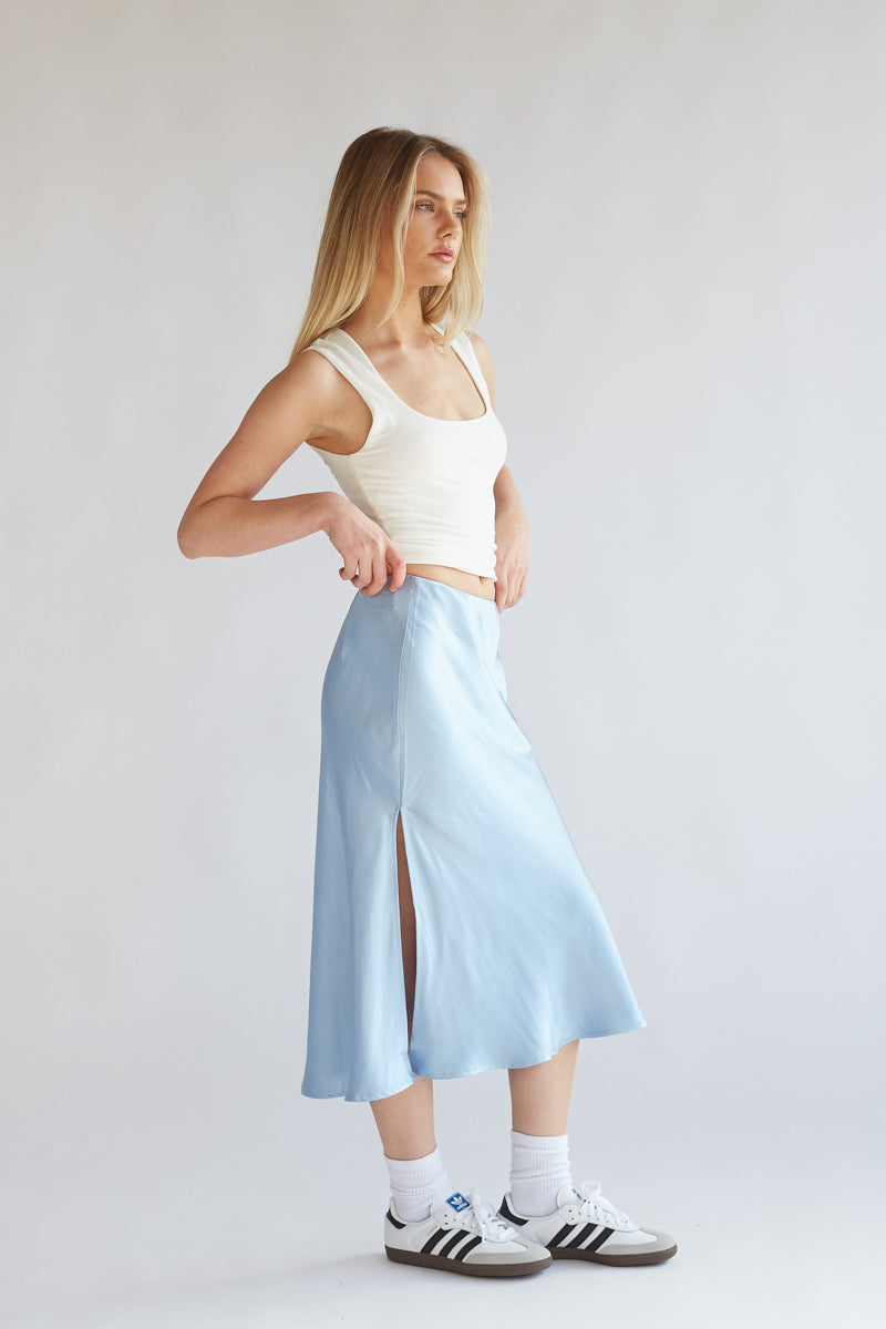 powder blue satin midi skirt with thigh high slit | elegant skirts for spring 2024