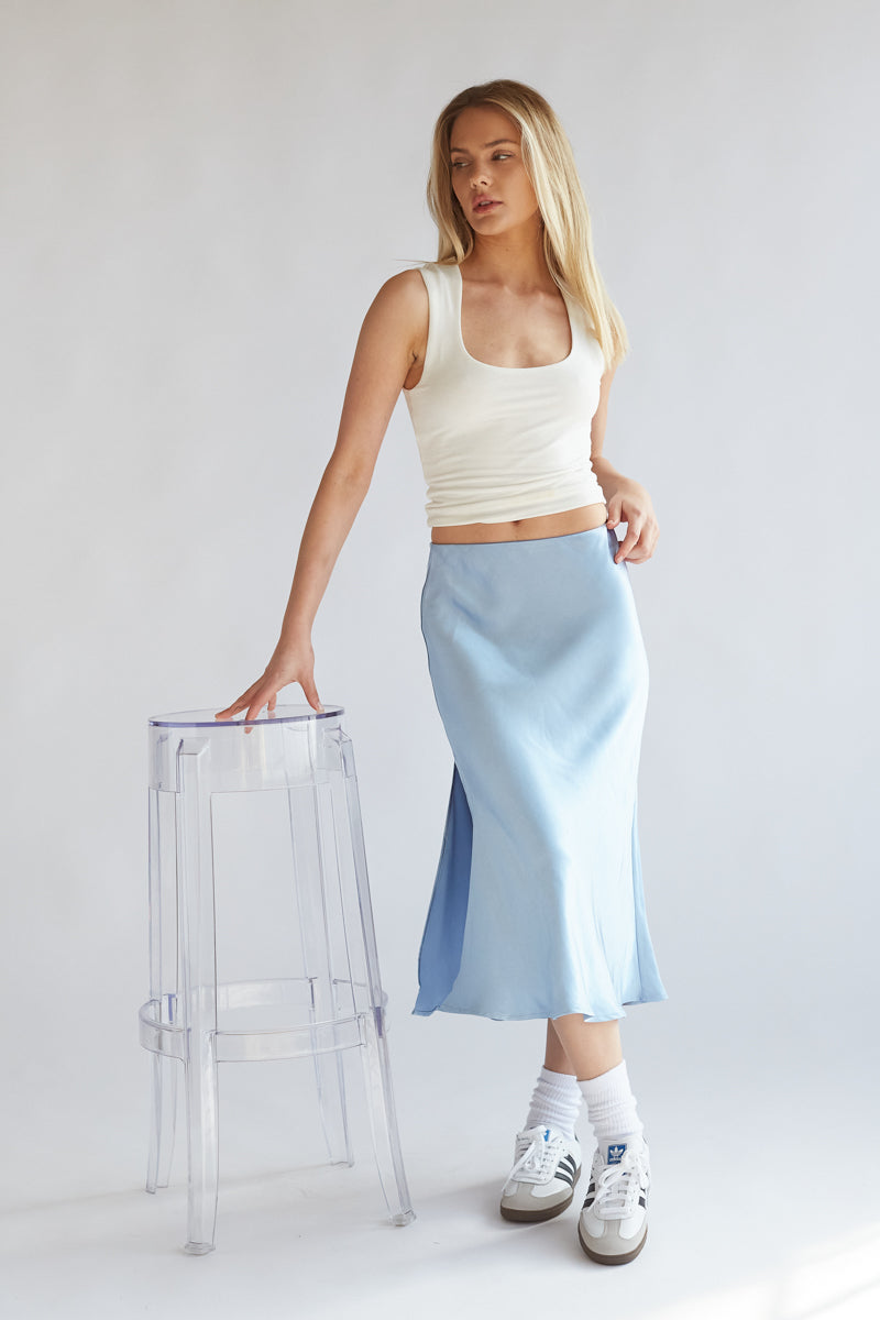 baby blue thigh high slit midi skirt for semi formal events - the perfect everyday skirt