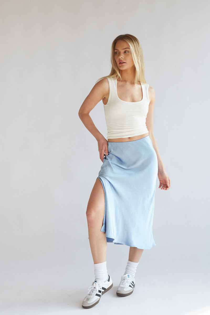 Eliza Satin Midi Skirt • American Threads Women's Online Boutique