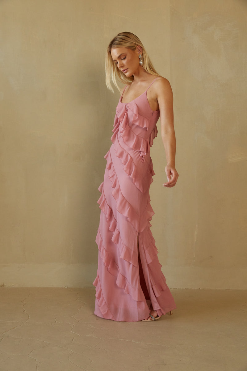 dusty rose maxi prom dress -  modern prom dress
