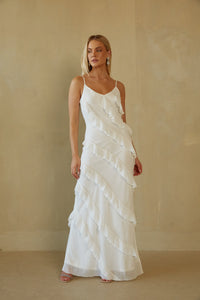 white bridal ruffle maxi dress - reception dress for brides