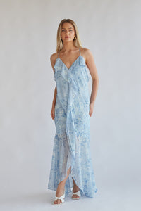 blue and white flowy high low maxi dress | wedding guest dress inspo 2024