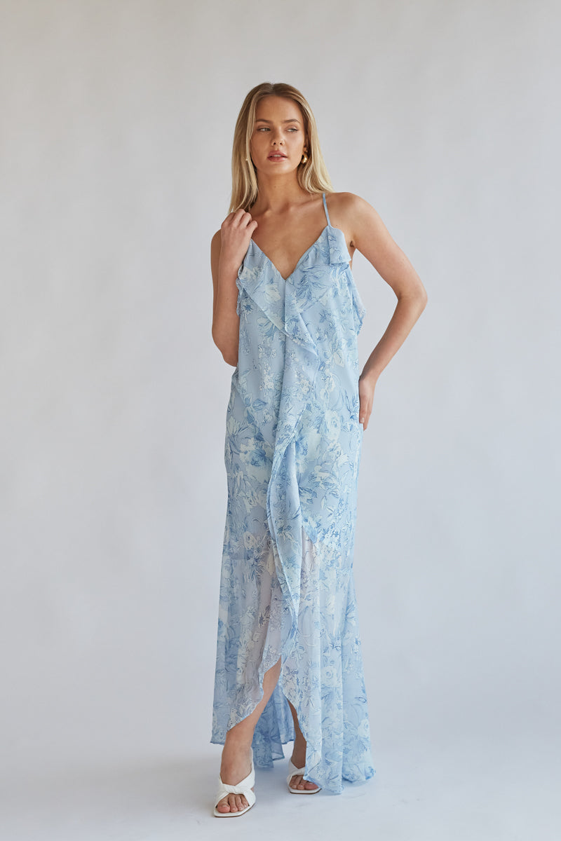 sky blue ruffle chiffon high low midi dress | semi-formal beachy dress boutique