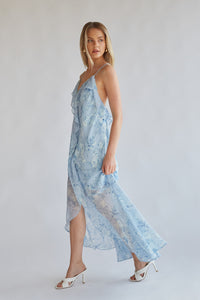 baby blue spag strap floral chiffon maxi dress | rush midi dresses 2024