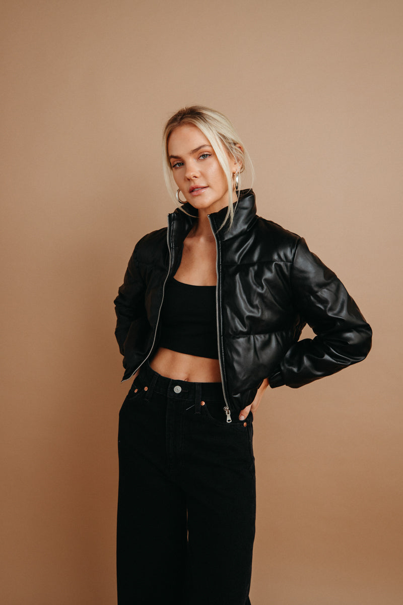 trendy black faux leather puffer outerwear | what to wear for winter 2023