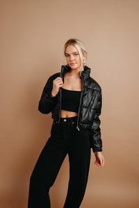 black faux leather puffer jacket | cropped leather puffer jacket 
