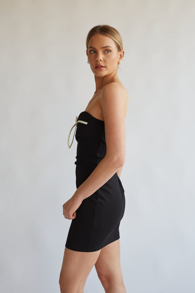 Eloise Strapless Bow Bodycon Mini Dress, Black + White / L