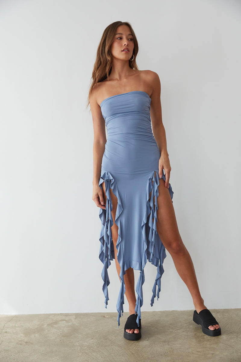 blue high slit midi dress