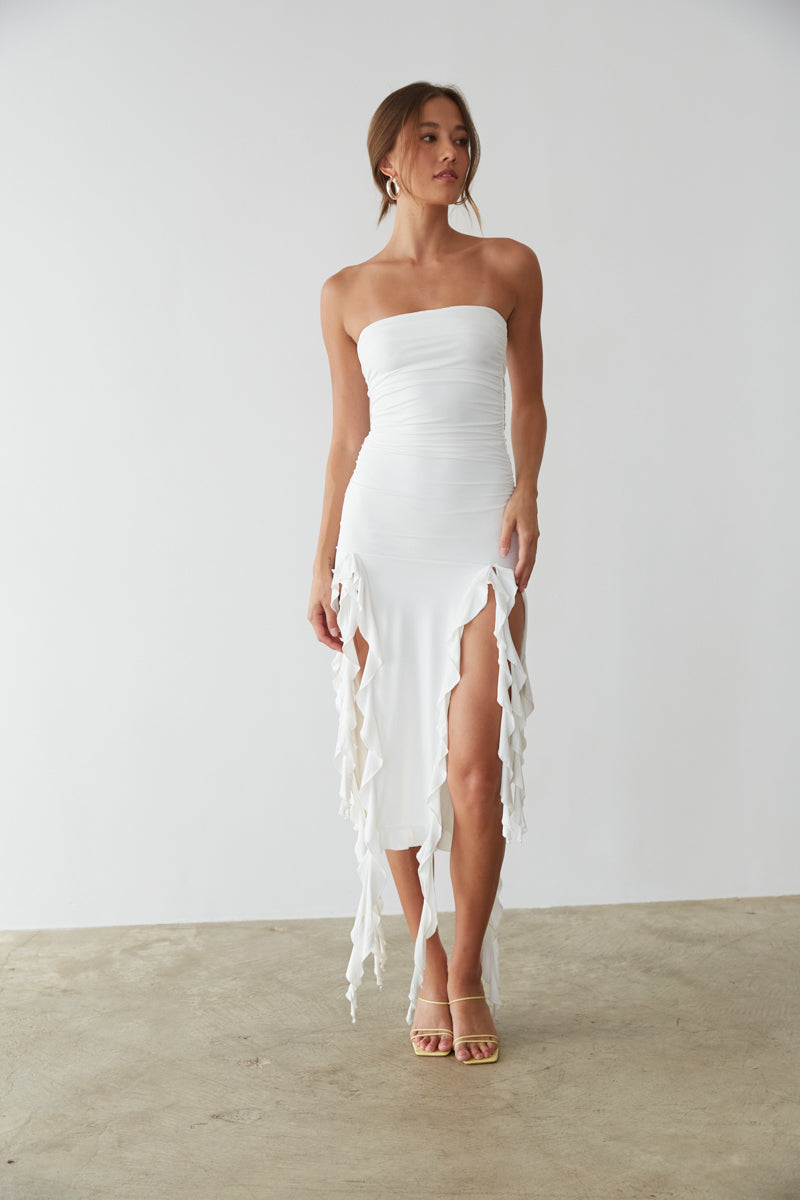 white strapless drape midi dress | engagement photos dress | white-image