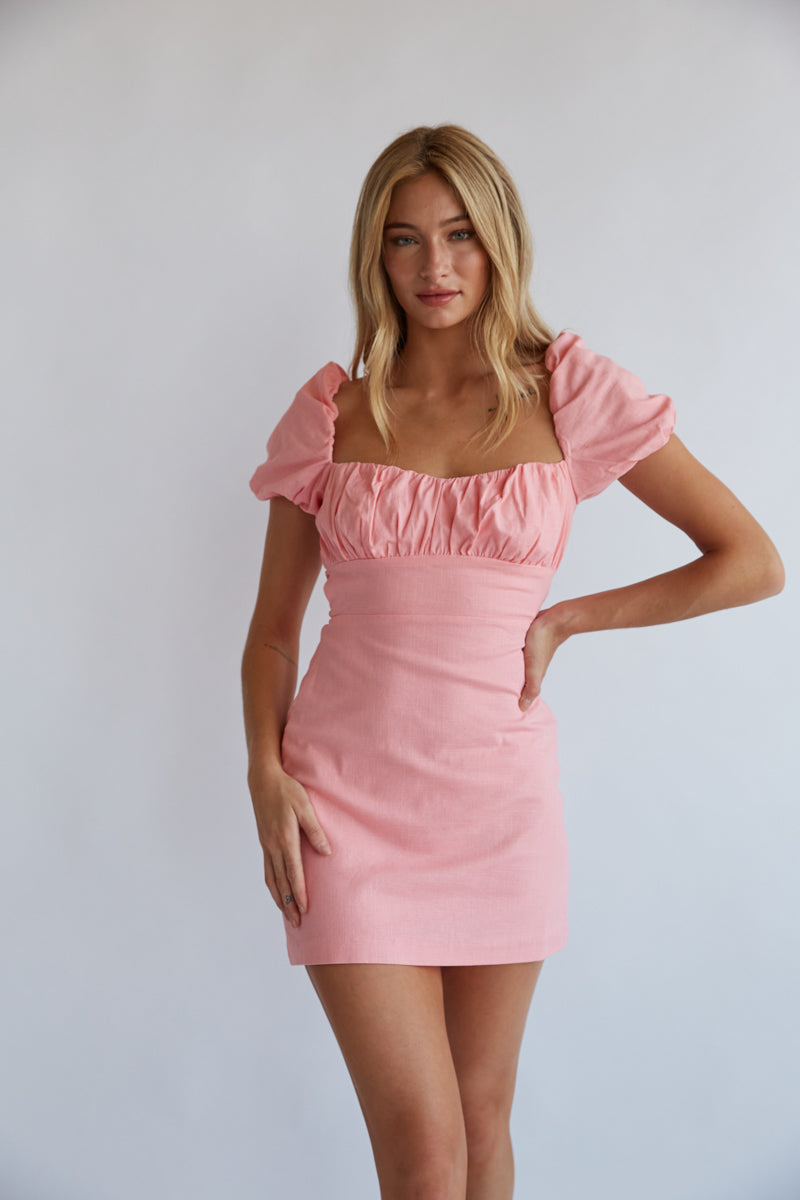 Emma Open Back Puff Sleeve Mini Dress • American Threads Boutique Pink / L