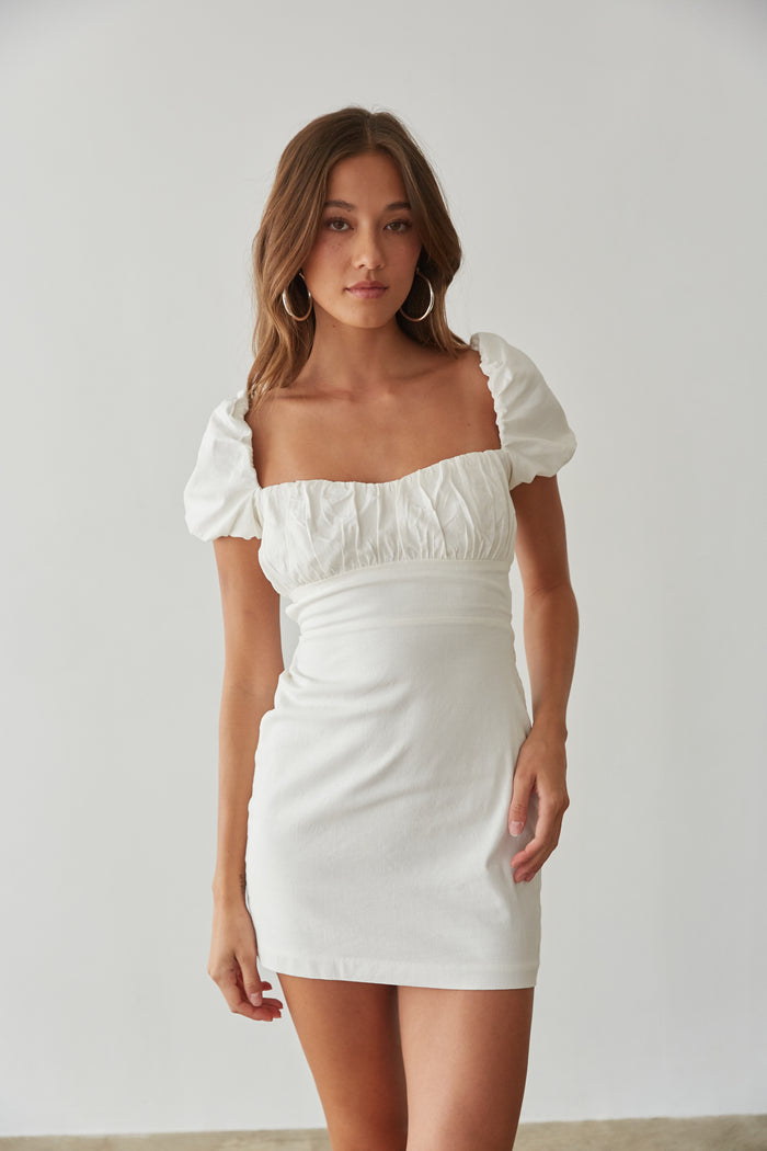white lace up back linen mini dress