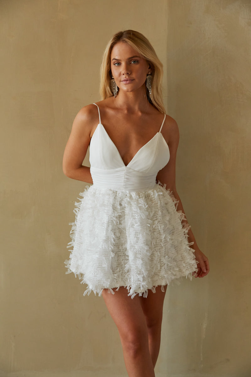 white smocked v neck babydoll dress - bachelorette dress 2023 - bridal babydoll dress