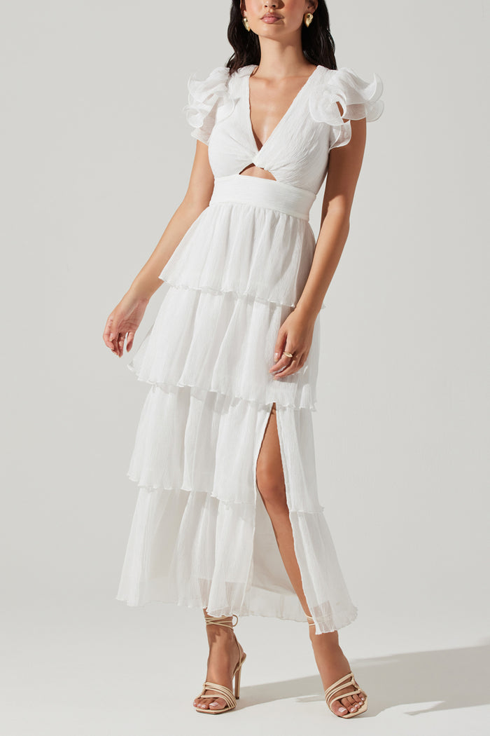 white plisse midi dress with ruffle sleeves, twist front cutout, and left leg slit | bridal party dress