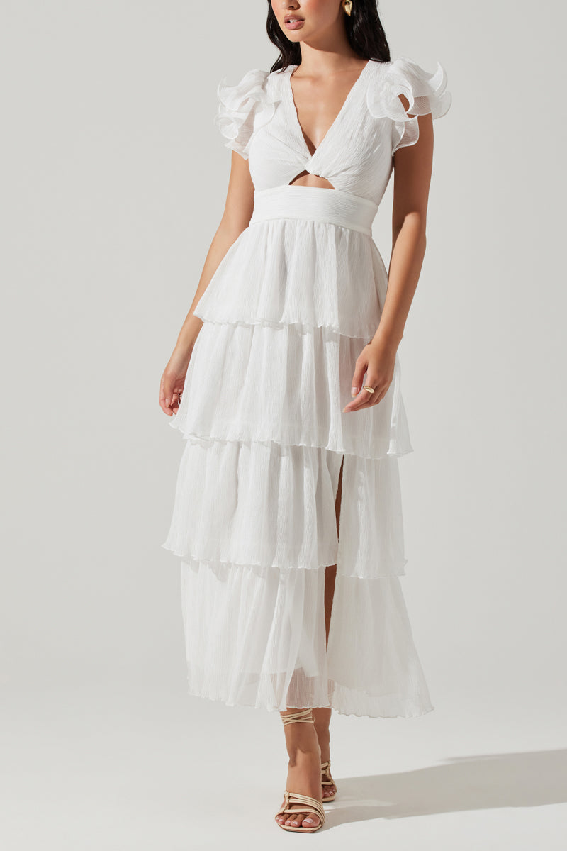 white plisse tiered maxi dress with side slit and keyhole cutout | cute and feminine dresses | white sun dress