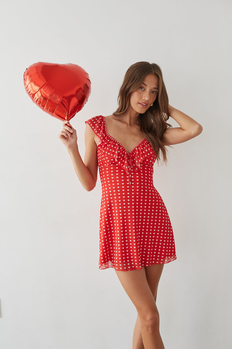 Enid Ruffle Heart Mini Dress, Red / M