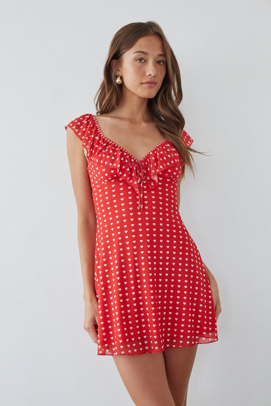 Enid Ruffle Heart Mini Dress, Red / M