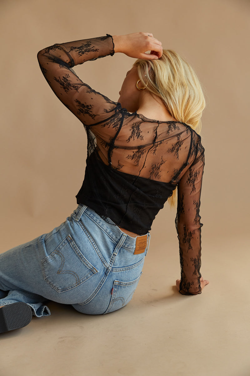 black lace long sleeve top - black tops for fall - fall wardrobe - A6081-0002