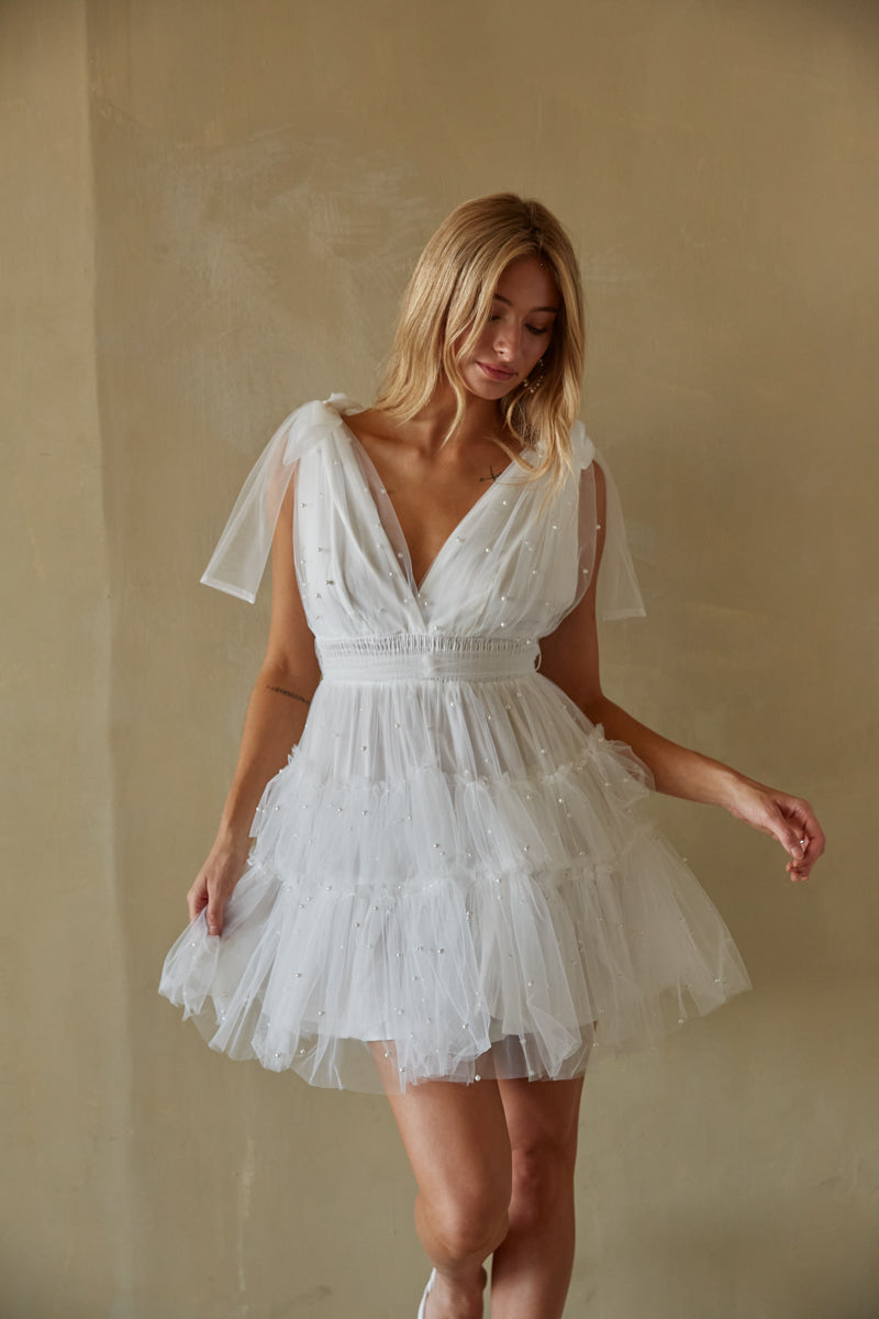 white pearl tulle mini dress - deep v mini dress - feminine dress