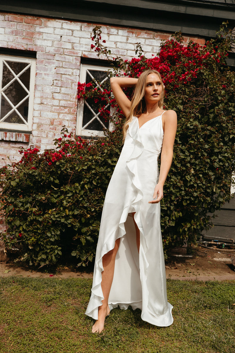 white satin ruffle high low maxi dress | garden wedding dresses 